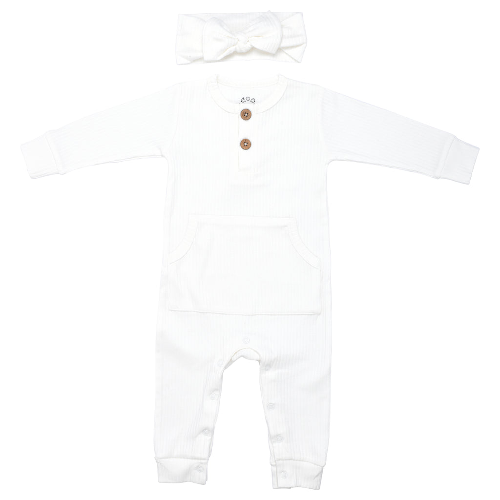 White Baby Ribbed Playsuit with pockets