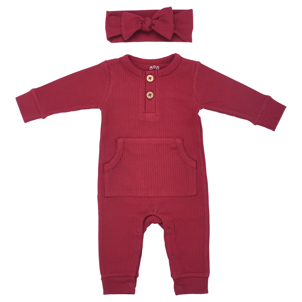 Ruby Red Baby Ribbed Playsuit with pockets