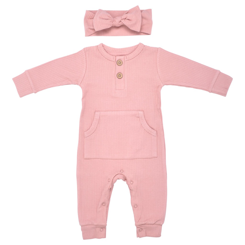 Luxuriously soft ribbed long-sleeve onesie with leg snaps, perfect for lounging and exploring in organic cotton.