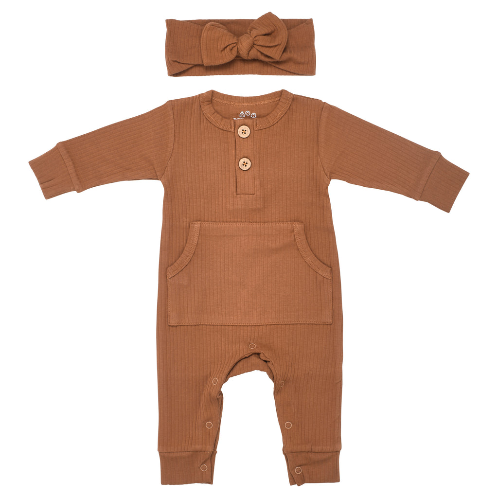 Ribbed long-sleeve onesie with two buttons and leg snaps, crafted from the softest organic cotton blend.