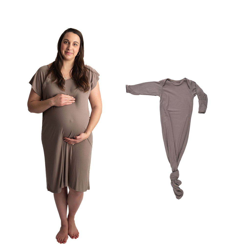 Ribbed Cocoa Brown Mommy & Me Matching Labor Gown and Newborn Knotted Baby Gown