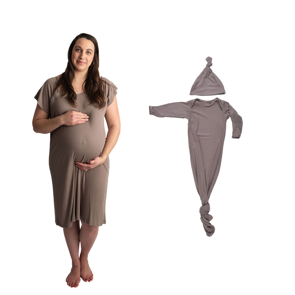 Ribbed Cocoa Brown Mommy & Me Matching Labor Gown and Newborn Knotted Baby Gown