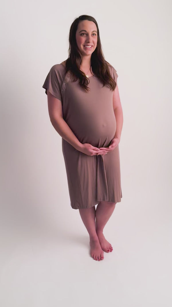 Three Little Tots Cocoa Brown Labor and delivery gown. The cutest softest Labor and delivery hospital gown. Snaps down the shoulder allow for you to pull up and down over IVs and for easy access to breastfeed