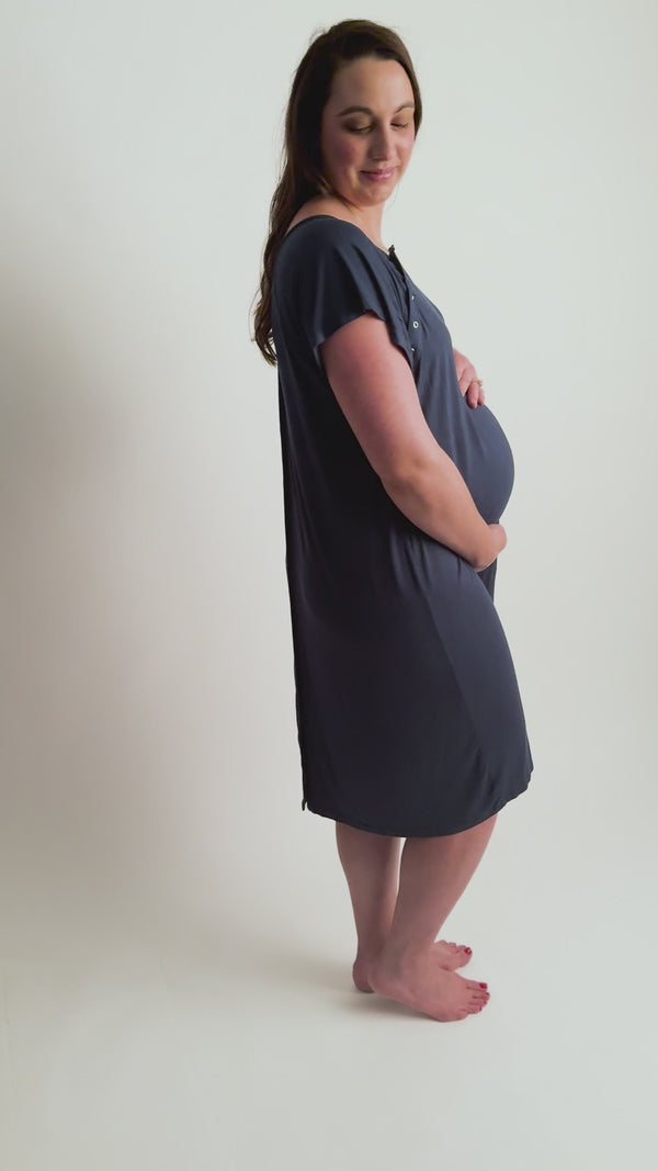 Three Little Tots Navy Blue Labor and delivery gown. The cutest softest Labor and delivery hospital gown. Snaps down the shoulder allow for you to pull up and down over IVs and for easy access to breastfeed