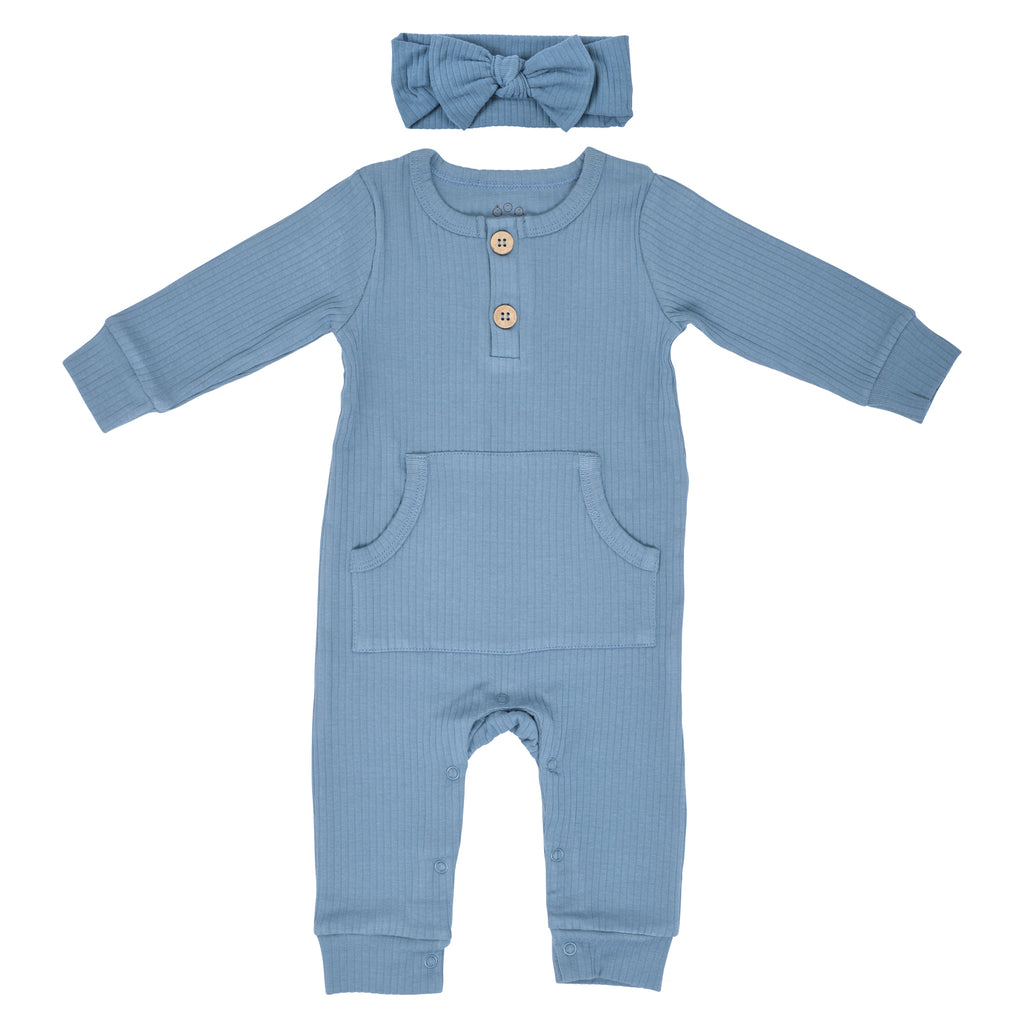 Storm Blue Baby Ribbed Playsuit with pockets